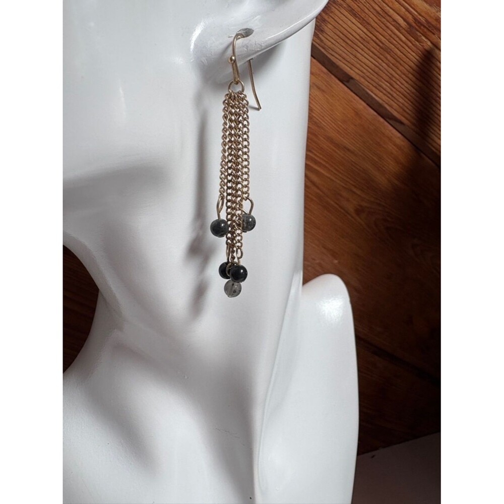 Gold-Tone Tassel  Earrings with Black Beads